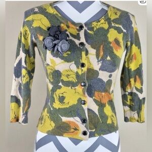 ANTHROPOLOGIE TABITHA yellow Gray Button Pick A Bunch Cardigan Sweater Sz Medium